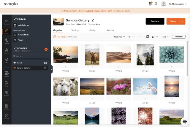 Zenfolio User Interface of the Gallery Screen