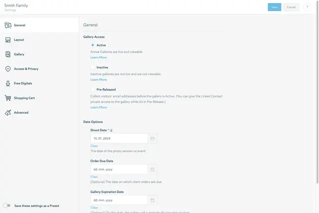 ShootProof User Interface of the Settomgs Screen