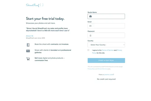 ShootProof User Interface of the Sign up Screen