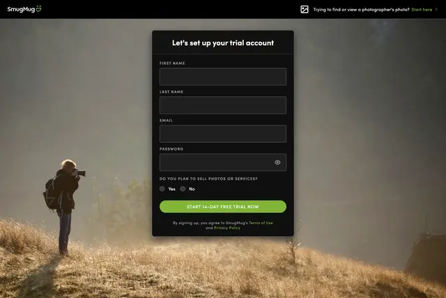 SmugMug User Interface of the Sign up Screen