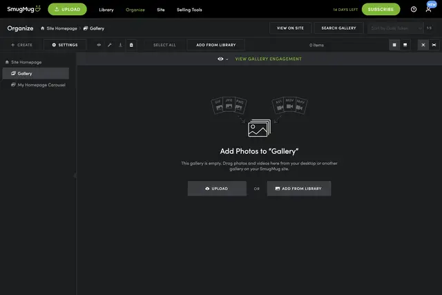 SmugMug User Interface of the Empty Gallery Screen
