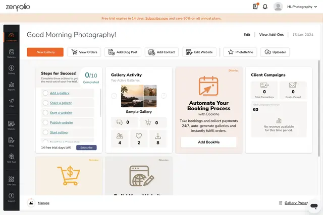 Zenfolio User Interface of the User Dashboard Screen